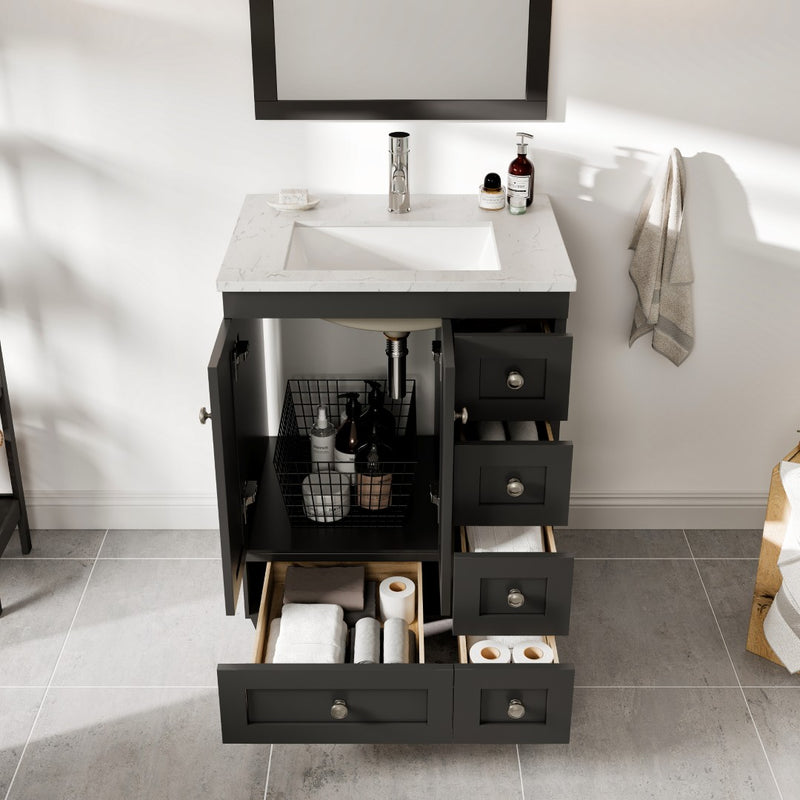 Eviva Happy 24" Espresso Freestanding Vanity With White Carrara Quartz Top and Single Undermount Porcelain Sink