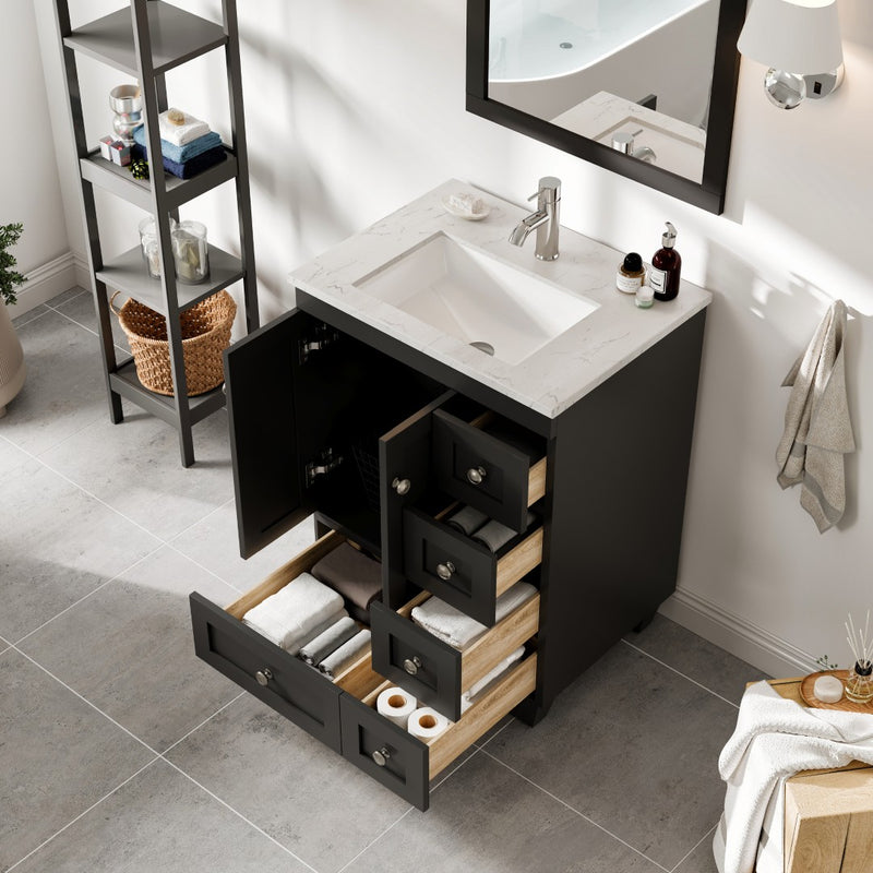 Eviva Happy 24" Espresso Freestanding Vanity With White Carrara Quartz Top and Single Undermount Porcelain Sink