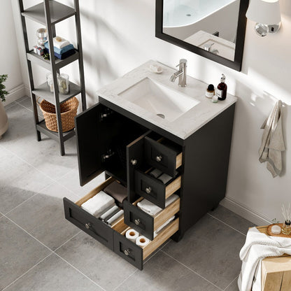 Eviva Happy 24" Espresso Freestanding Vanity With White Carrara Quartz Top and Single Undermount Porcelain Sink