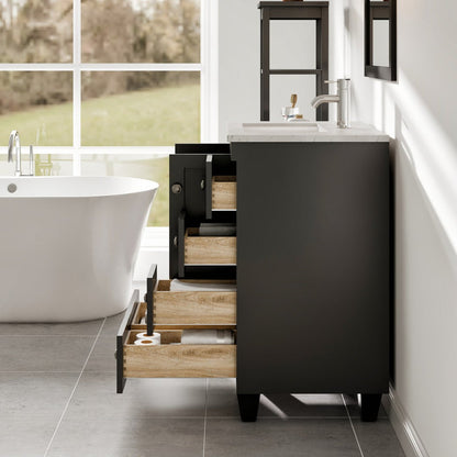 Eviva Happy 24" Espresso Freestanding Vanity With White Carrara Quartz Top and Single Undermount Porcelain Sink