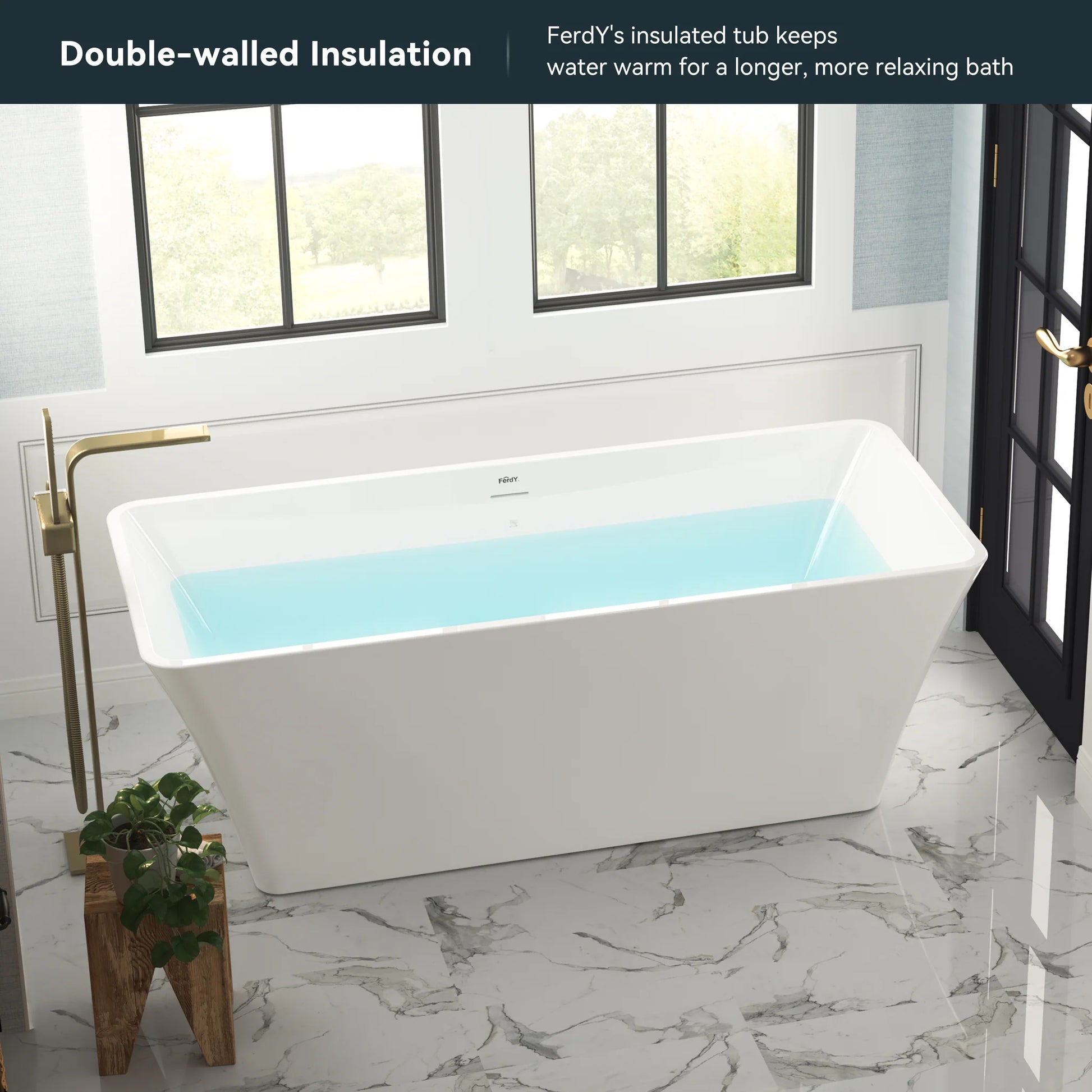 FerdY Sentosa 67" x 30" White Freestanding Bathtub Straight Bath With Brushed Nickel Drain