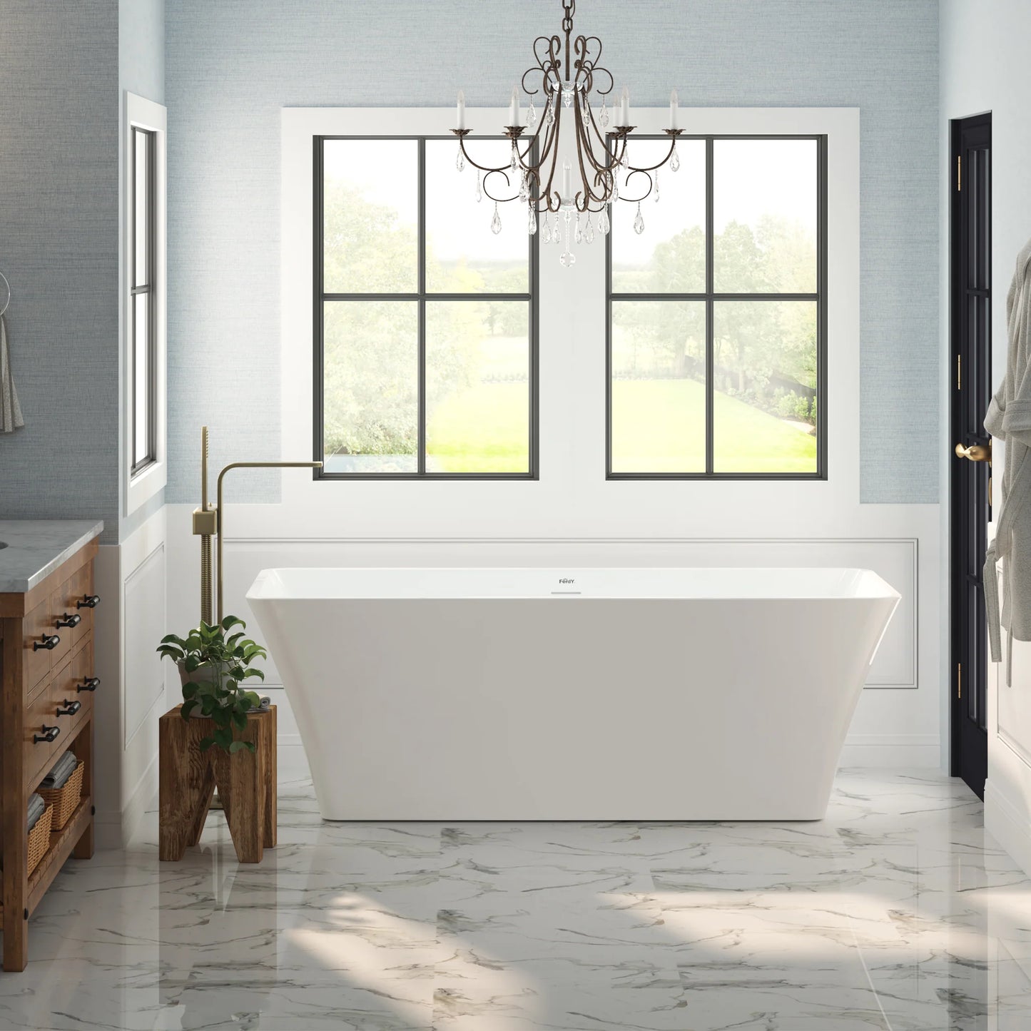 FerdY Sentosa 67" x 30" White Freestanding Bathtub Straight Bath With Brushed Nickel Drain