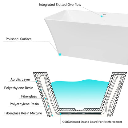 FerdY Sentosa 67" x 30" White Freestanding Bathtub Straight Bath With Brushed Nickel Drain