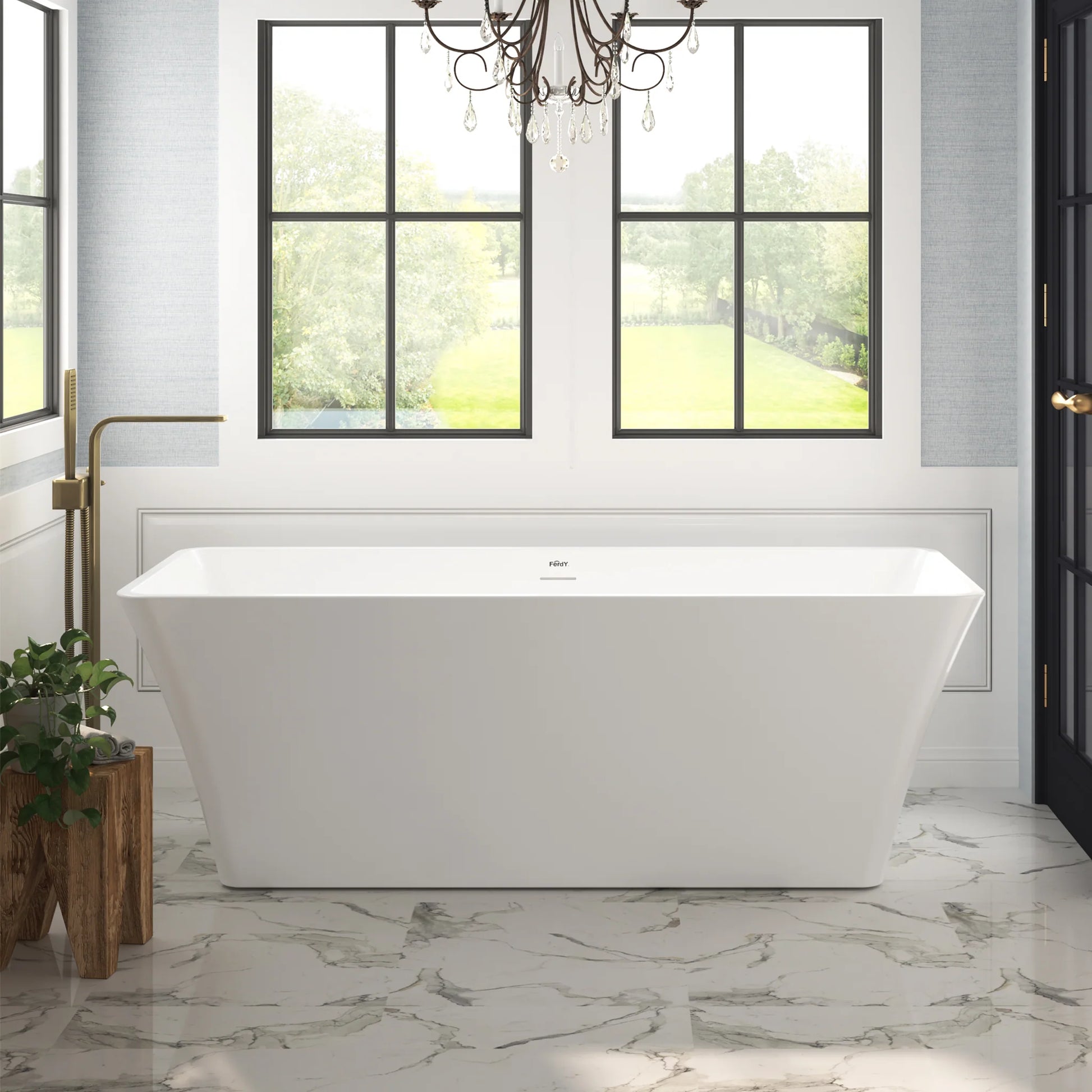 FerdY Sentosa 67" x 30" White Freestanding Bathtub Straight Bath With Brushed Nickel Drain