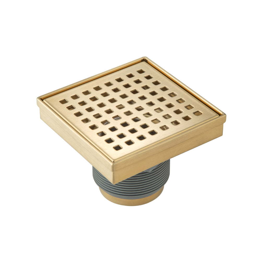 Flusso Faucets 4" Stainless Steel Decorative Floor Drain in Satin Brass Finish