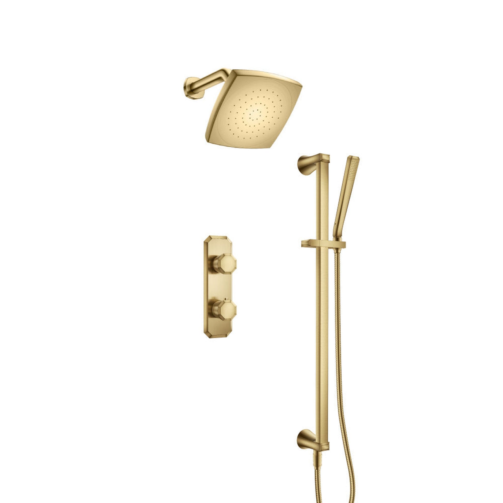 Flusso Faucets Satin Brass PVD Two Output Shower Set With Shower Head, Hand Held And Slide Bar