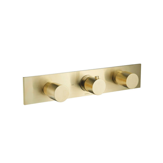 Flusso Faucets Serie 100 3/4" Two Output Horizontal Thermostatic Valve With 2 Volume Control and Trim in Satin Brass