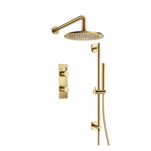 Flusso Faucets Serie 100 Two Output Shower Set With Shower Head, Hand Held and Slide Bar in Satin Brass (100.7350SB)
