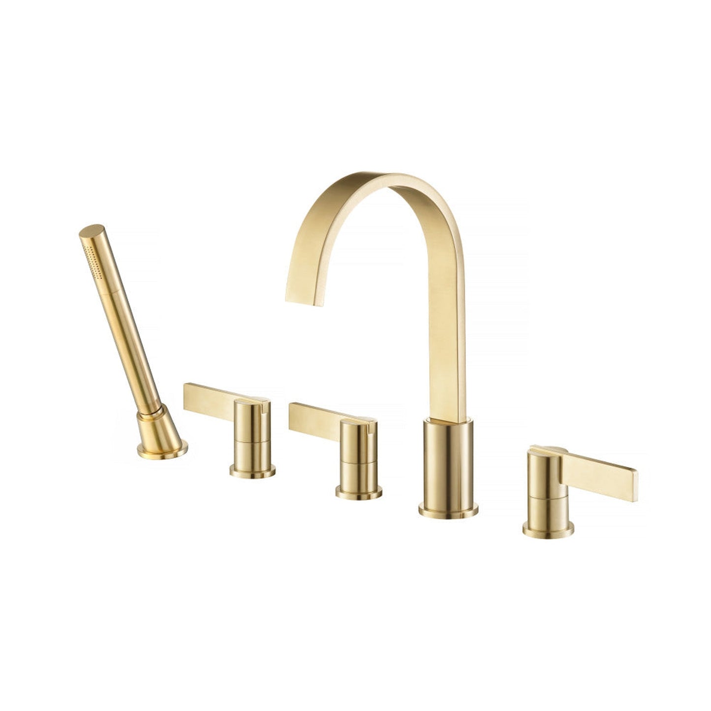 Flusso Faucets Serie 145 Five Hole Deck Mounted Roman Tub Faucet With Hand Shower in Satin Brass