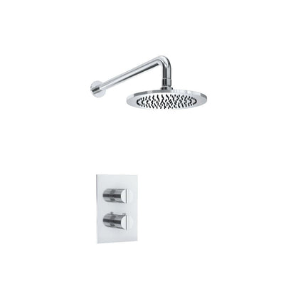 Flusso Faucets Serie 145 Single Output Chrome Wall-Mounted Shower Set With Single Function Round Rain Shower Head, Two-Handle Shower Trim and 1-Output Wall-Mounted Thermostatic Shower Valve With Integrated Volume Control