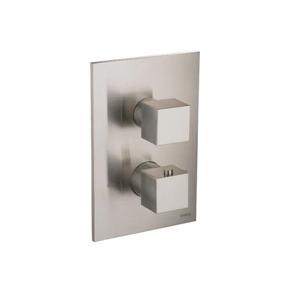 Flusso Faucets Serie 160 Single Output Brushed Nickel PVD Wall-Mounted Shower Set With Single Function Square Rain Shower Head, Two-Handle Shower Trim and 1-Output Wall-Mounted Thermostatic Shower Valve With Integrated Volume Control