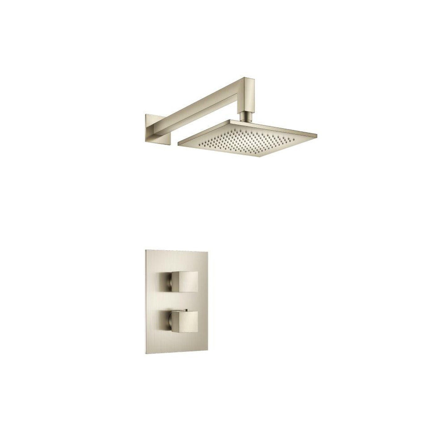 Flusso Faucets Serie 160 Single Output Brushed Nickel PVD Wall-Mounted Shower Set With Single Function Square Rain Shower Head, Two-Handle Shower Trim and 1-Output Wall-Mounted Thermostatic Shower Valve With Integrated Volume Control