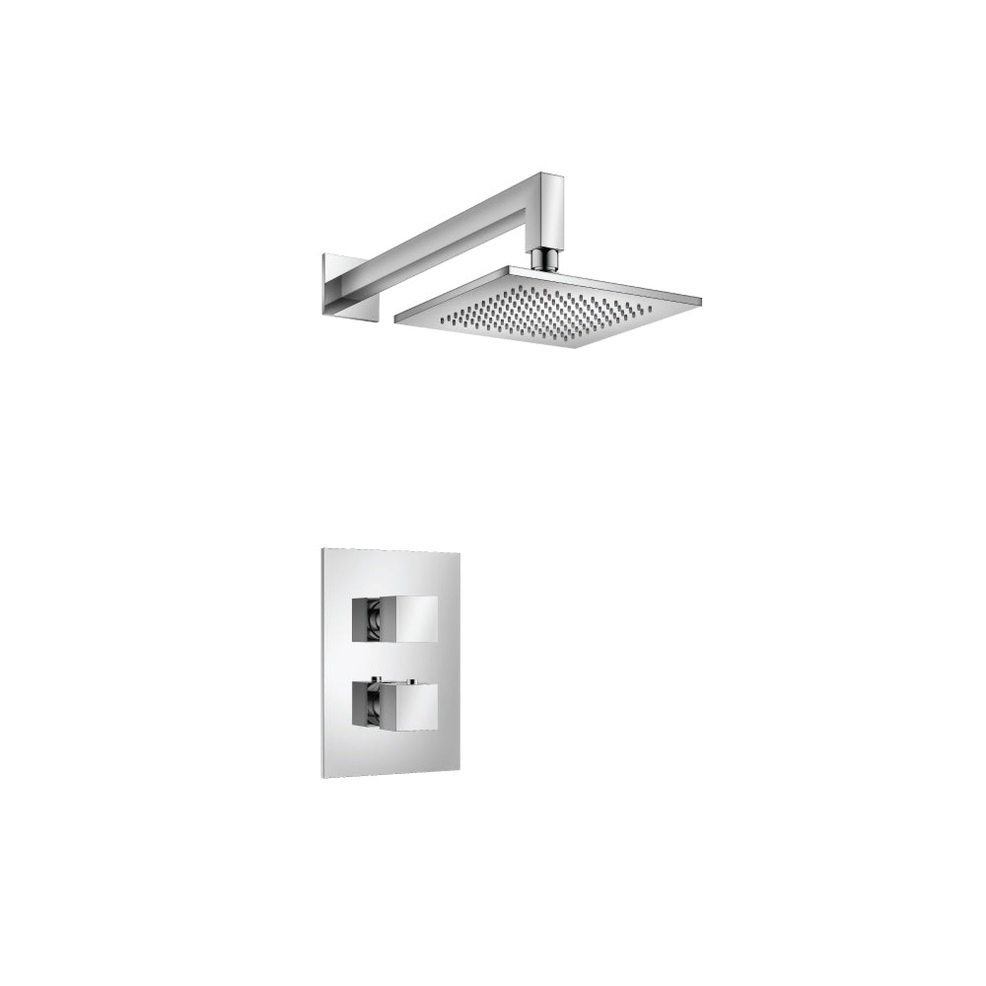 Flusso Faucets Serie 160 Single Output Chrome Wall-Mounted Shower Set With Single Function Square Rain Shower Head, Two-Handle Shower Trim and 1-Output Wall-Mounted Thermostatic Shower Valve With Integrated Volume Control