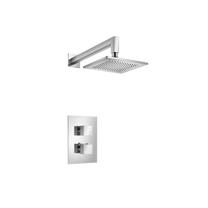 Flusso Faucets Serie 160 Single Output Chrome Wall-Mounted Shower Set With Single Function Square Rain Shower Head, Two-Handle Shower Trim and 1-Output Wall-Mounted Thermostatic Shower Valve With Integrated Volume Control