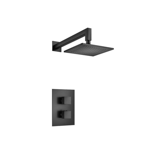 Flusso Faucets Serie 160 Single Output Matte Black Wall-Mounted Shower Set With Single Function Square Rain Shower Head, Two-Handle Shower Trim and 1-Output Wall-Mounted Thermostatic Shower Valve With Integrated Volume Control