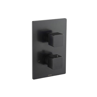 Flusso Faucets Serie 196 Single Matte Black Wall-Mounted Shower Set With Single Function Square Rain Shower Head, Two-Handle Shower Trim and 1-Output Wall-Mounted Thermostatic Shower Valve With Integrated Volume Control