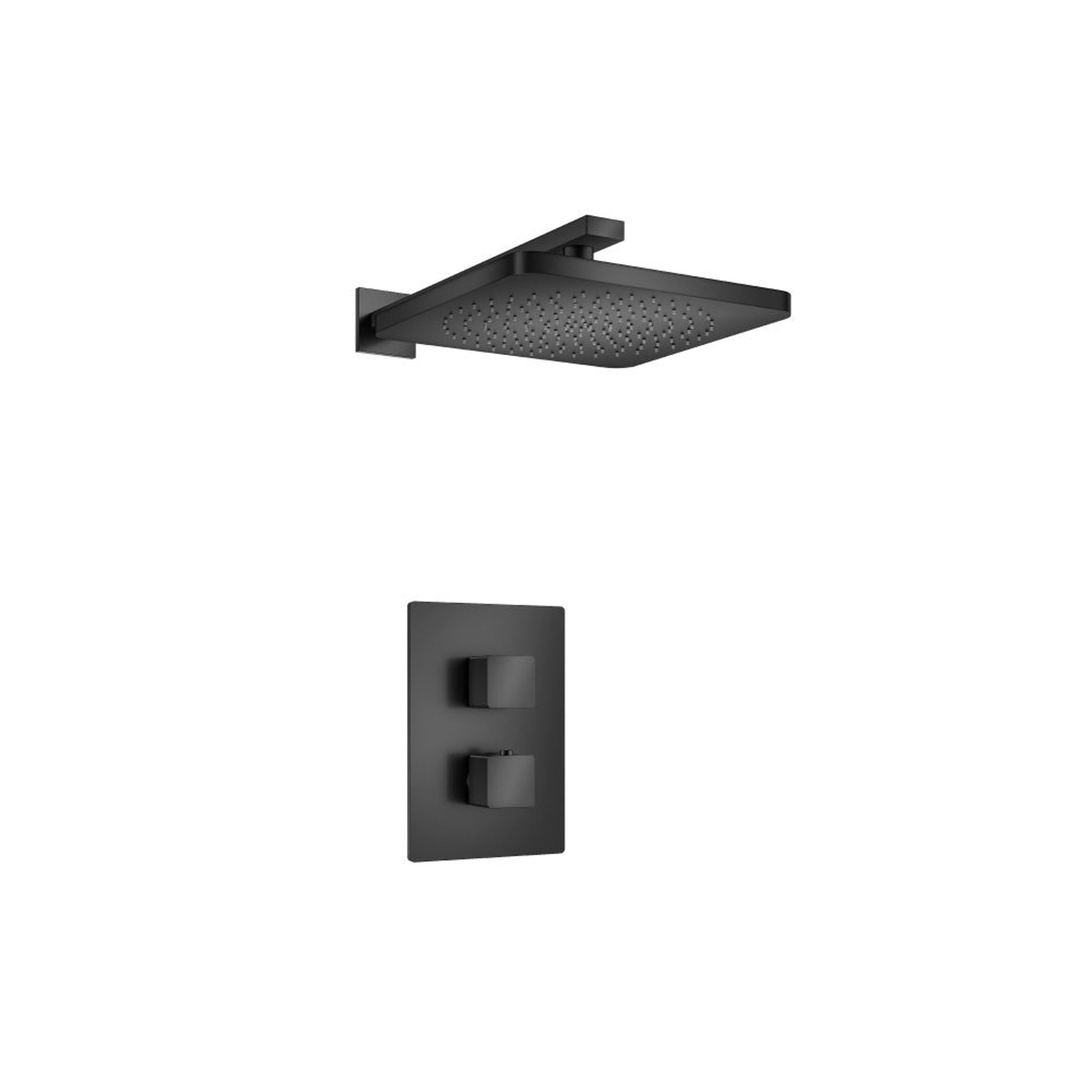 Flusso Faucets Serie 196 Single Matte Black Wall-Mounted Shower Set With Single Function Square Rain Shower Head, Two-Handle Shower Trim and 1-Output Wall-Mounted Thermostatic Shower Valve With Integrated Volume Control