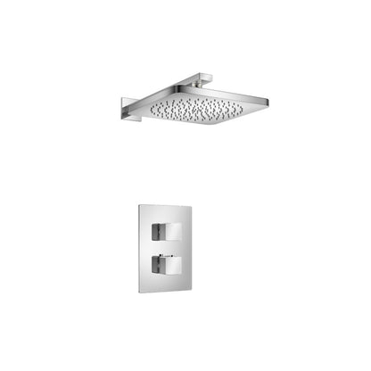 Flusso Faucets Serie 196 Single Output Chrome Wall-Mounted Shower Set With Single Function Square Rain Shower Head, Two-Handle Shower Trim and 1-Output Wall-Mounted Thermostatic Shower Valve With Integrated Volume Control