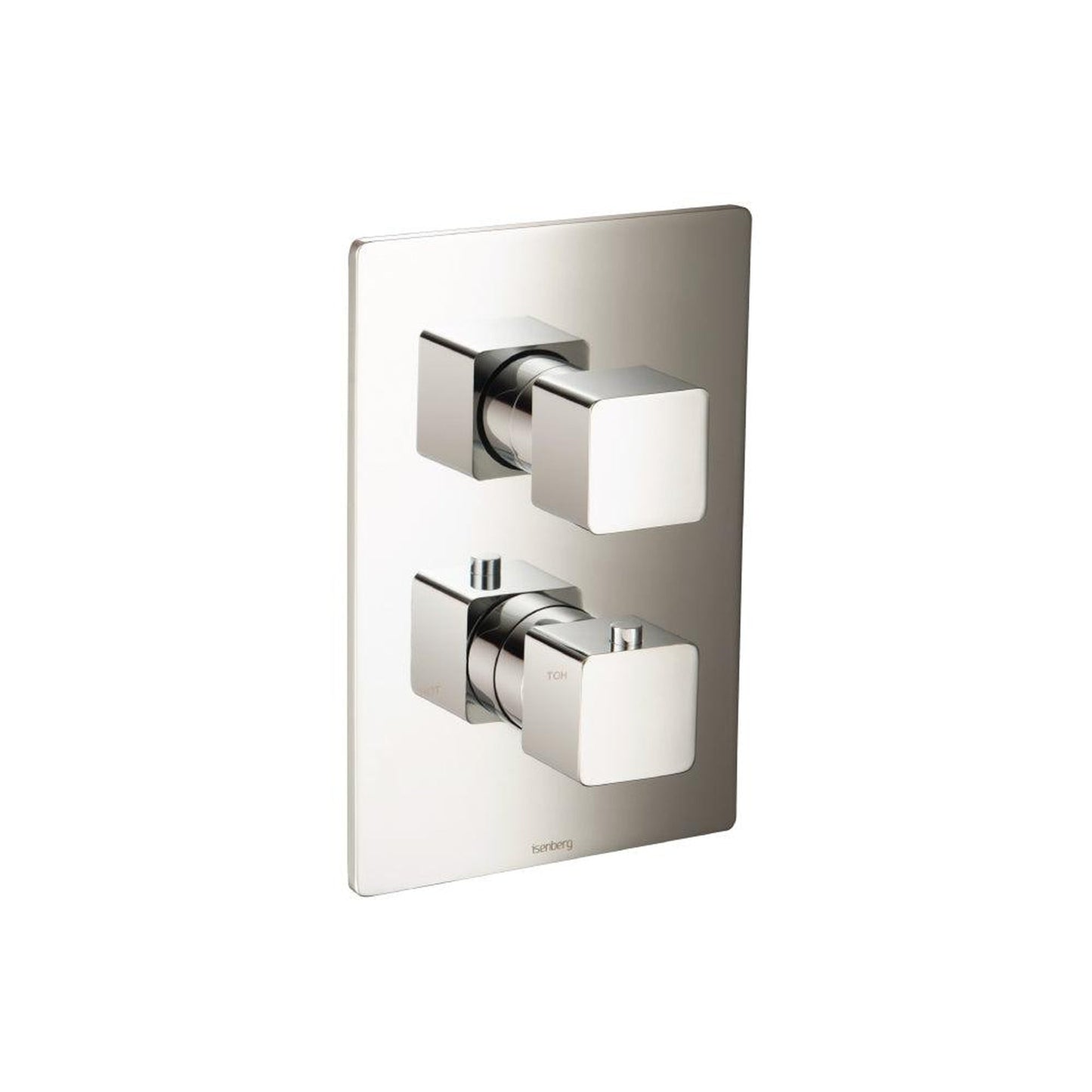 Flusso Faucets Serie 196 Single Output Polished Nickel PVD Wall-Mounted Shower Set With Single Function Square Rain Shower Head, Two-Handle Shower Trim and 1-Output Wall-Mounted Thermostatic Shower Valve With Integrated Volume Control