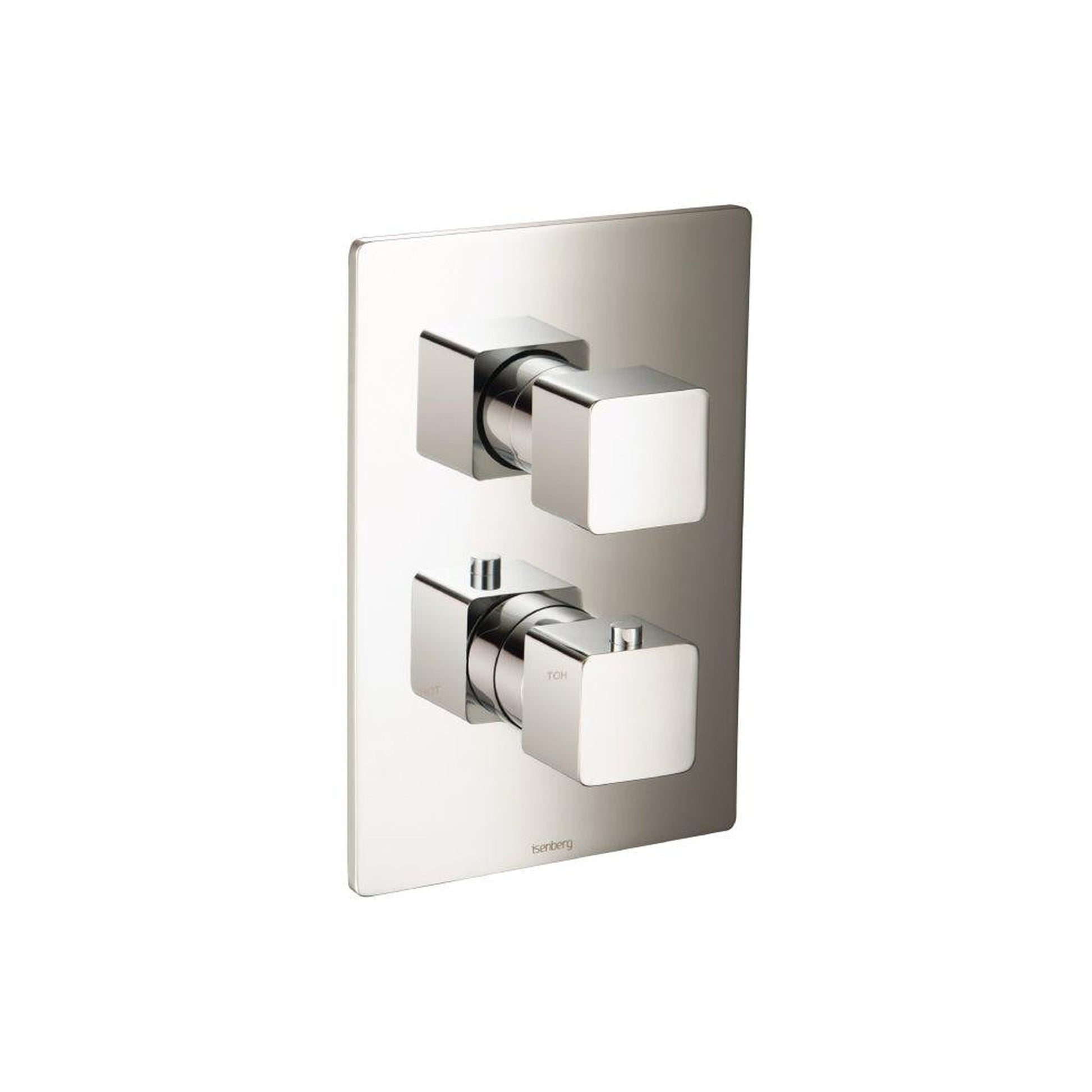 Flusso Faucets Serie 196 Single Output Polished Nickel PVD Wall-Mounted Shower Set With Single Function Square Rain Shower Head, Two-Handle Shower Trim and 1-Output Wall-Mounted Thermostatic Shower Valve With Integrated Volume Control