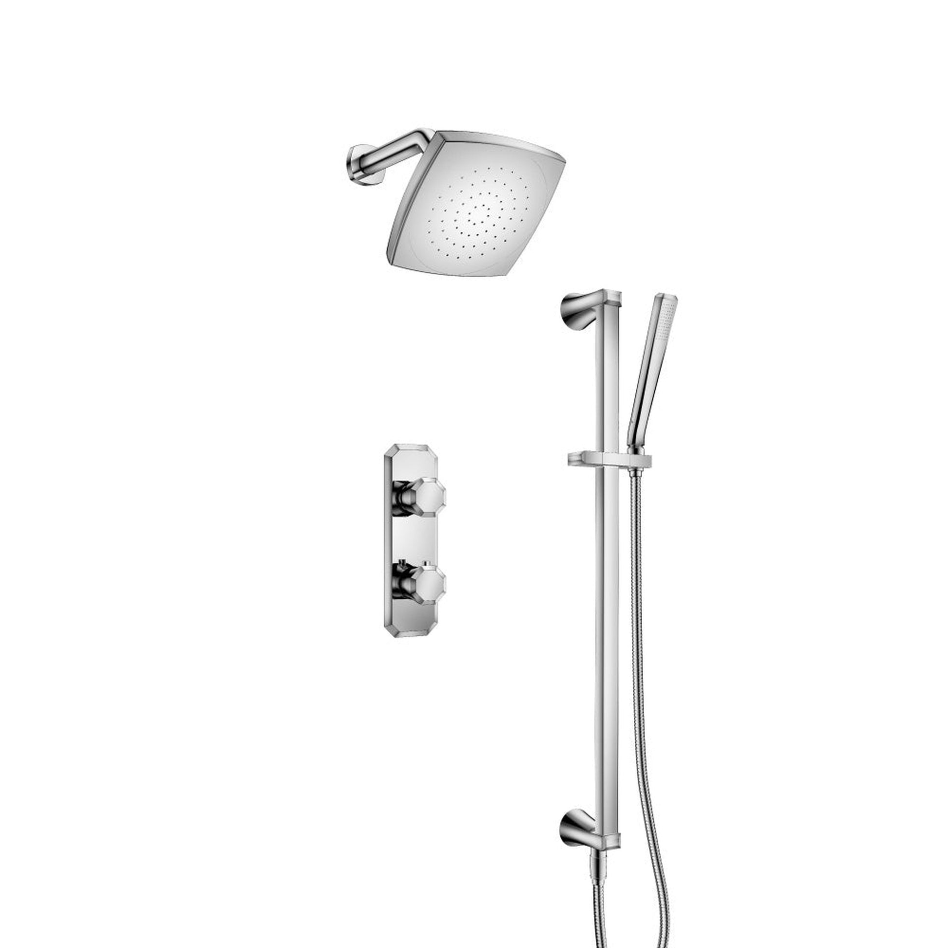 Flusso Faucets Serie 230 Chrome Two Output Shower Set With Shower Head, Hand Held And Slide Bar