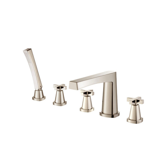 Flusso Faucets Serie 240 Five Hole Deck Mounted Roman Tub Faucet With Hand Shower in Polished Nickel