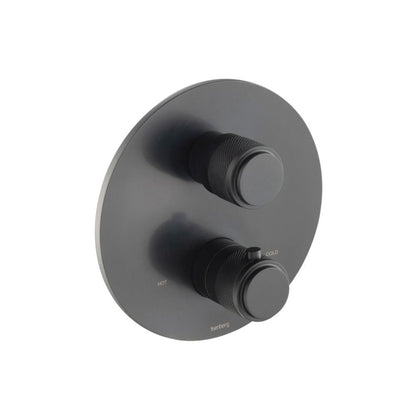 Flusso Faucets Serie 250 Single Output Matte Black Wall-Mounted Shower Set With Single Function Round Rain Shower Head, Two-Handle Shower Trim and 1-Output Wall-Mounted Thermostatic Shower Valve With Integrated Volume Control