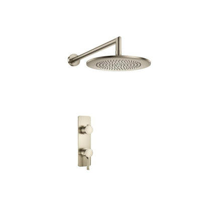 Flusso Faucets Serie 260 Single Output Brushed Nickel PVD Wall-Mounted Shower Set With Single Function Round Rain Shower Head, Two-Handle Shower Trim and 1-Output Horizontal / Vertical Thermostatic Valve With Integrated Volume Control