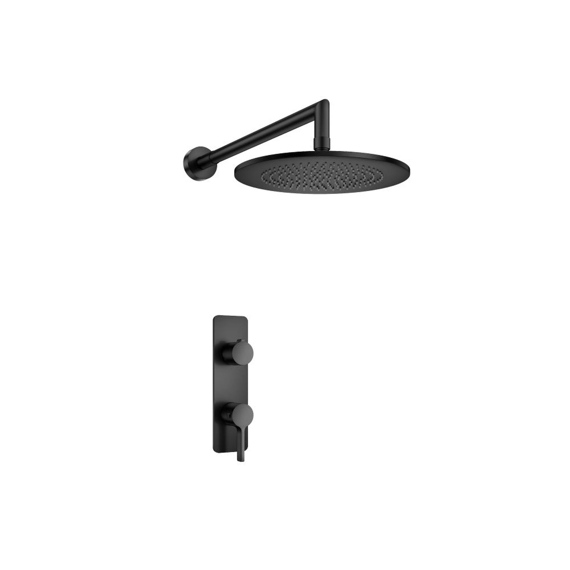 Flusso Faucets Serie 260 Single Output Matte Black Wall-Mounted Shower Set With Round Rain Shower Head, Two-Handle Shower Trim and 1-Output Horizontal / Vertical Wall-Mounted Thermostatic Shower / Bathtub Valve With Integrated Volume Control