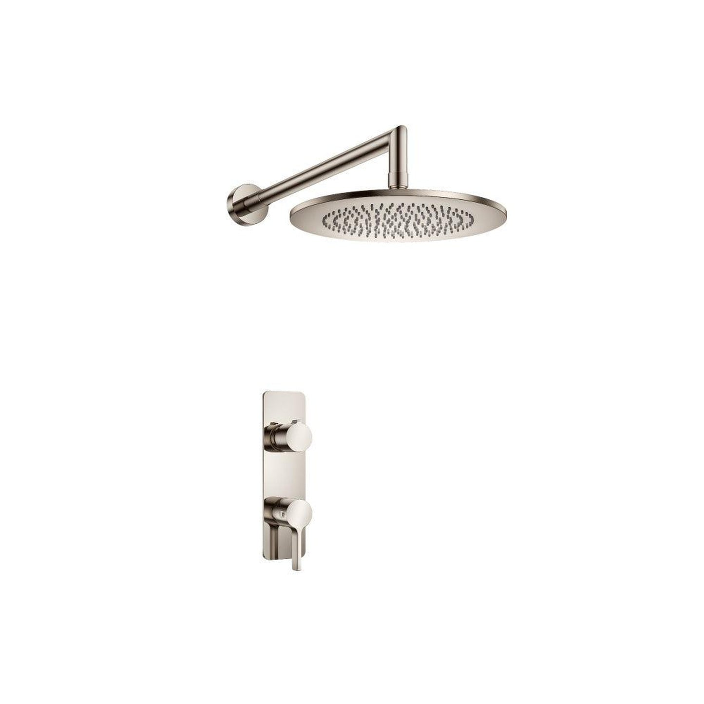 Flusso Faucets Serie 260 Single Output Polished Nickel PVD Wall-Mounted Shower Set With Single Function Round Rain Shower Head, Two-Handle Shower Trim and 1-Output Horizontal / Vertical Thermostatic Valve With Integrated Volume Control