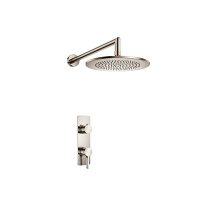 Flusso Faucets Serie 260 Single Output Polished Nickel PVD Wall-Mounted Shower Set With Single Function Round Rain Shower Head, Two-Handle Shower Trim and 1-Output Horizontal / Vertical Thermostatic Valve With Integrated Volume Control