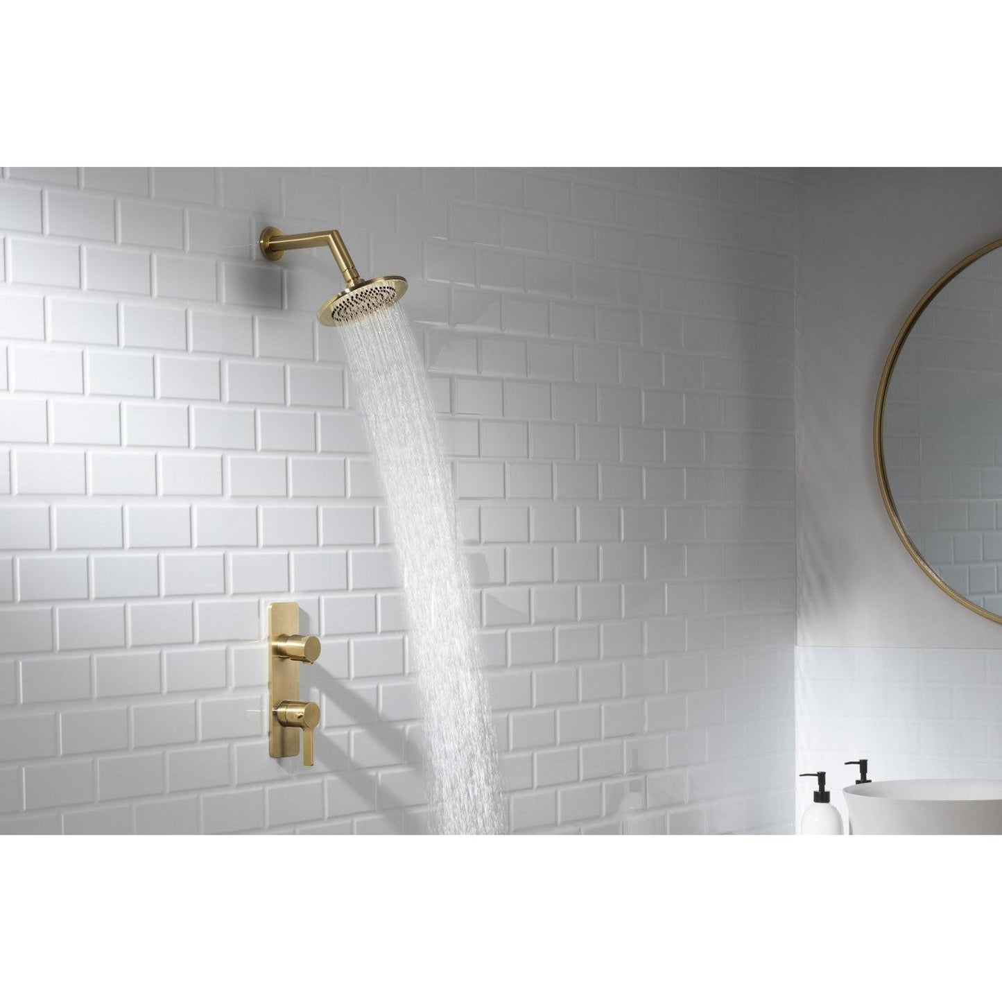 Flusso Faucets Serie 260 Single Output Satin Brass PVD Wall-Mounted Shower Set With Round Rain Shower Head, Two-Handle Shower Trim and 1-Output Horizontal / Vertical Wall-Mounted Thermostatic Shower / Bathtub Valve With Integrated Volume Control