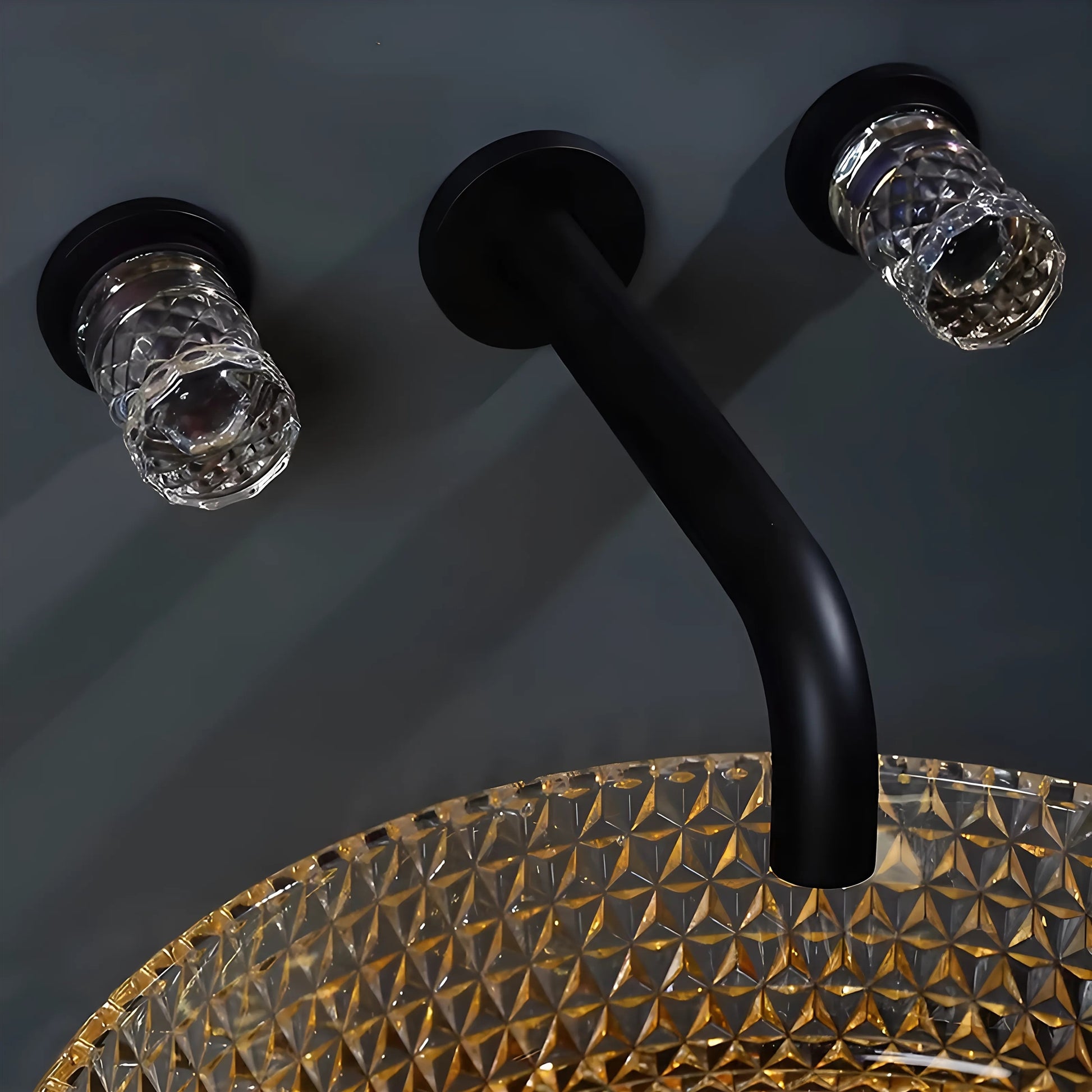 Fontana Aquitaine Double Crystal Handle Matte Black Wall Mounted Basin Faucet