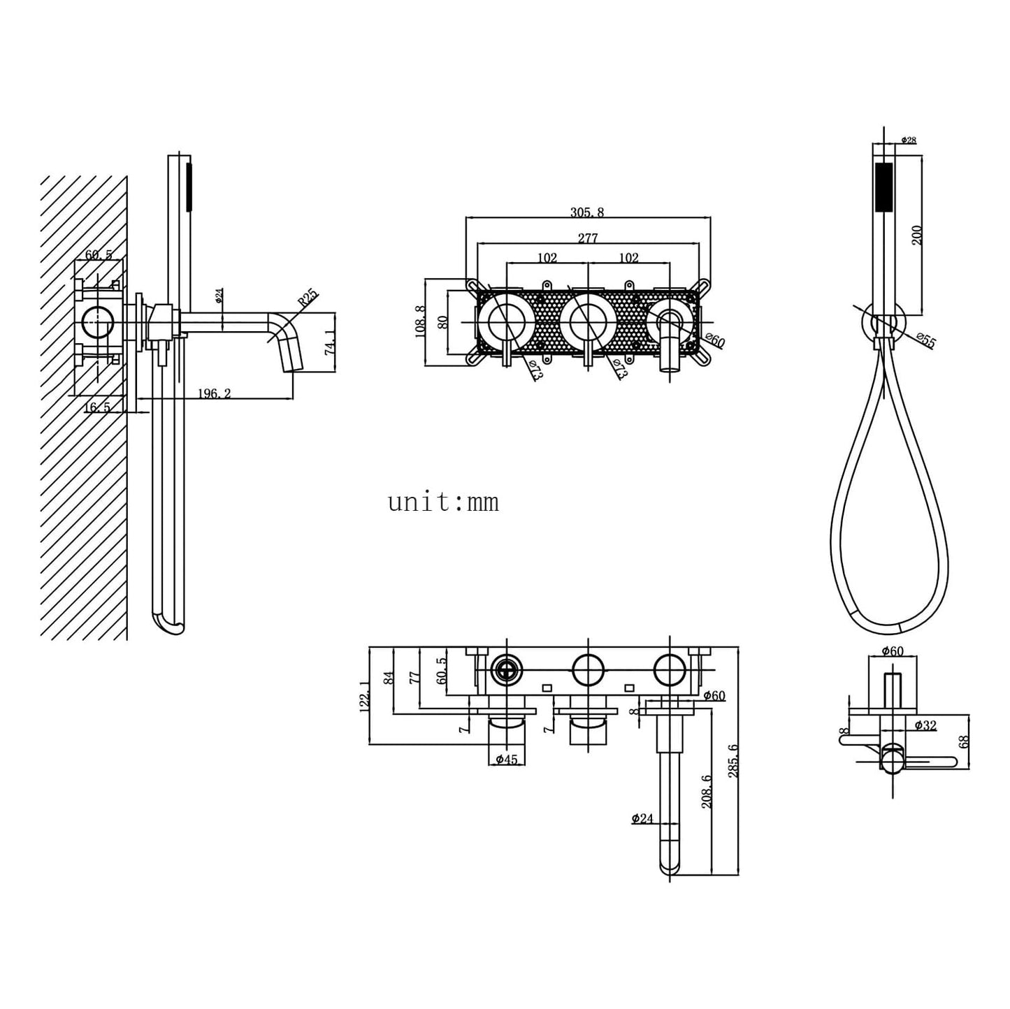 Fontana Calpe Dual Handle Brushed Gold Wall Mounted Bathtub Faucet