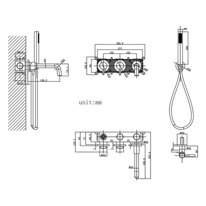 Fontana Calpe Dual Handle Brushed Gold Wall Mounted Bathtub Faucet