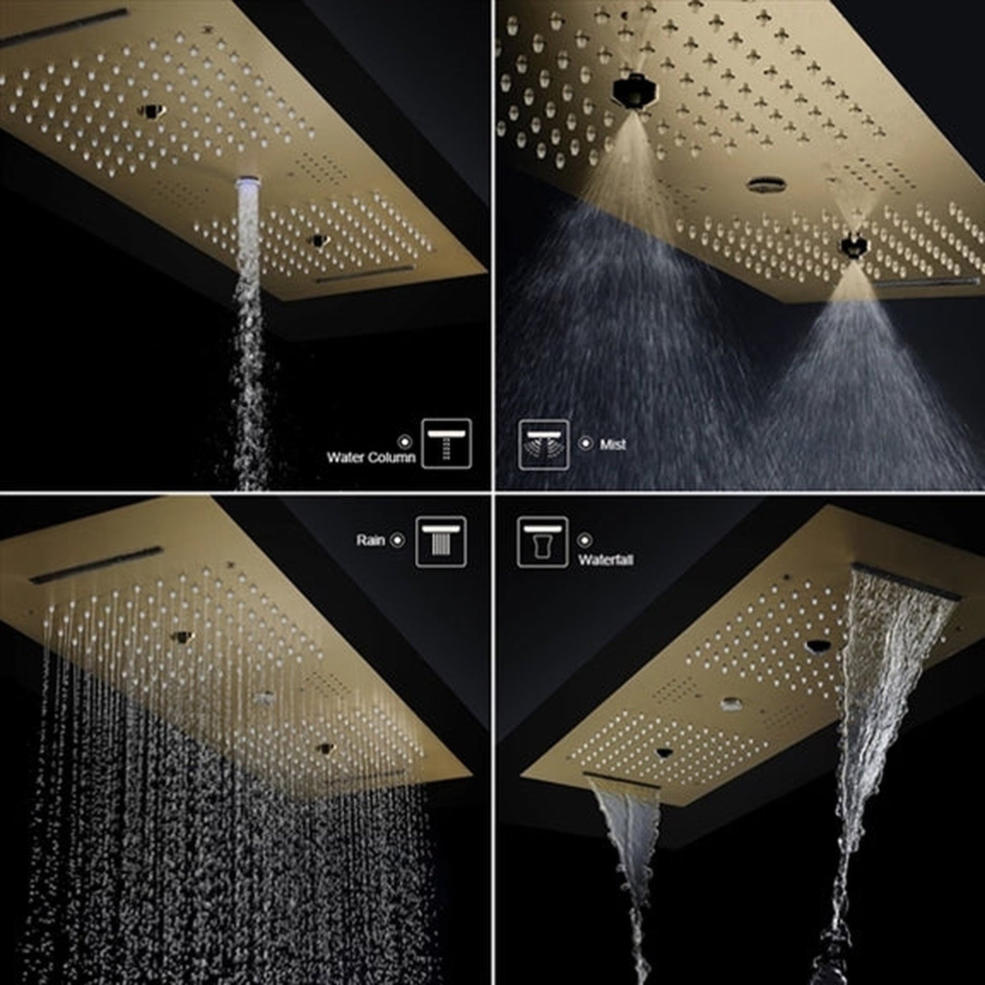 Fontana Caserta Brushed Gold Recessed Ceiling Mounted Phone Controlled Thermostatic LED Rainfall Waterfall Water Column Mist Shower System With Square Hand Shower and 6-Jet Body Sprays