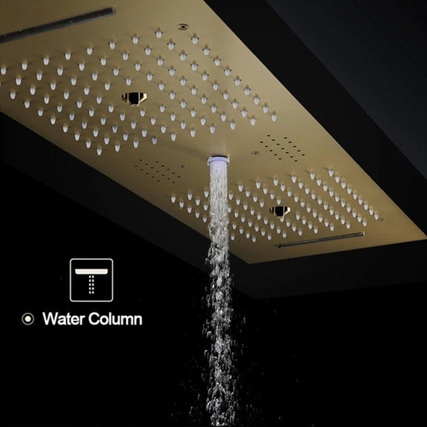 Fontana Caserta Brushed Gold Recessed Ceiling Mounted Phone Controlled Thermostatic LED Rainfall Waterfall Water Column Mist Shower System With Square Hand Shower and 6-Jet Body Sprays