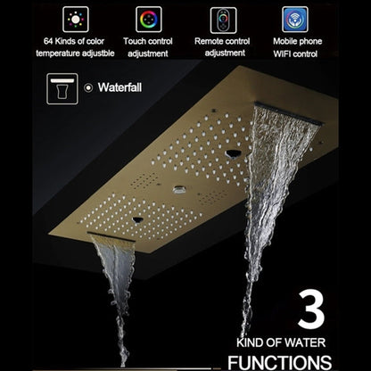 Fontana Caserta Brushed Gold Recessed Ceiling Mounted Phone Controlled Thermostatic LED Rainfall Waterfall Water Column Mist Shower System With Square Hand Shower and 6-Jet Body Sprays