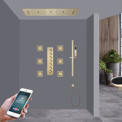 Fontana Caserta Brushed Gold Recessed Ceiling Mounted Phone Controlled Thermostatic LED Rainfall Waterfall Water Column Mist Shower System With Square Hand Shower and 6-Jet Body Sprays