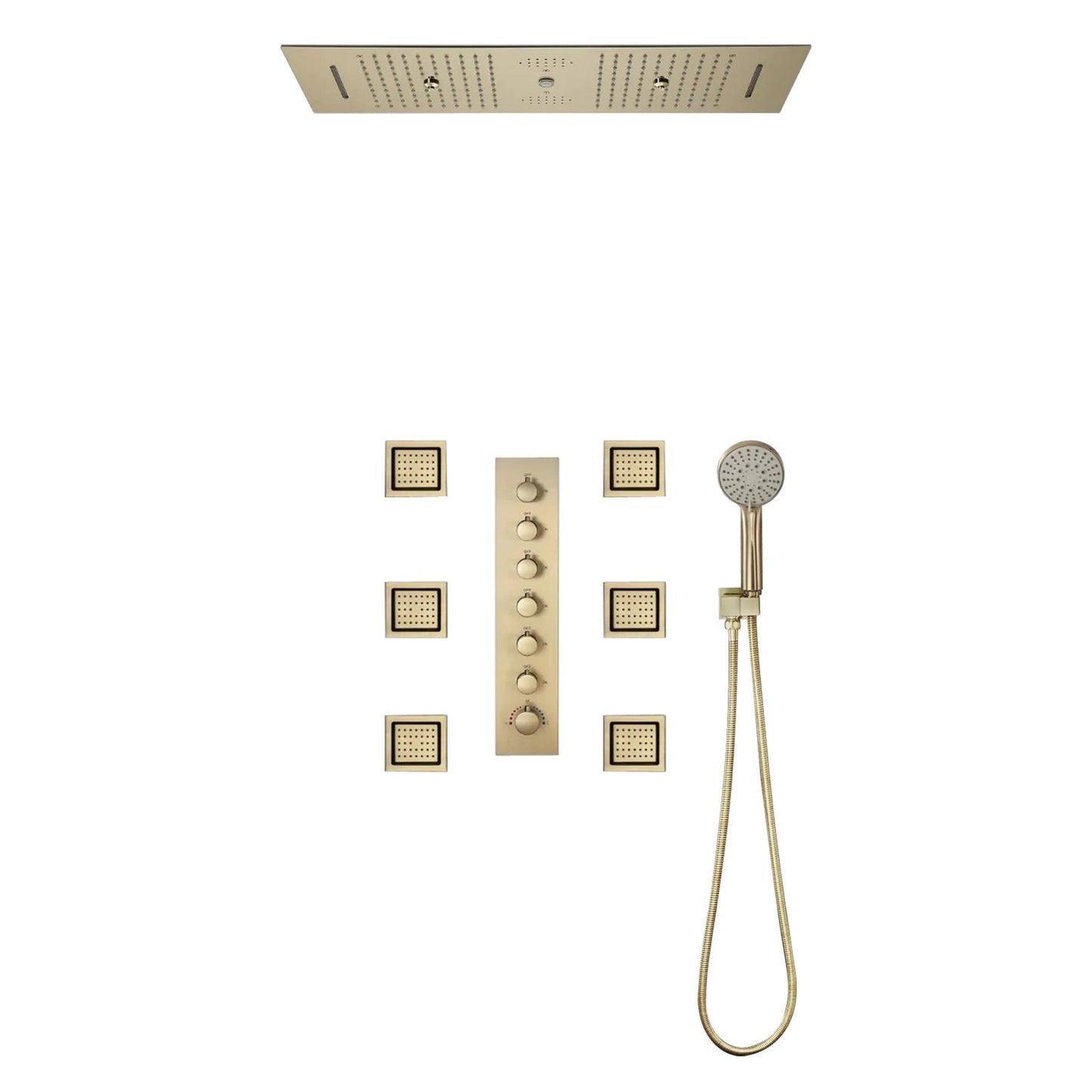 Fontana Caserta Brushed Gold Recessed Ceiling Mounted Phone Controlled Thermostatic LED Rainfall Waterfall Water Column Mist Shower System With Square Hand Shower and 6-Jet Body Sprays