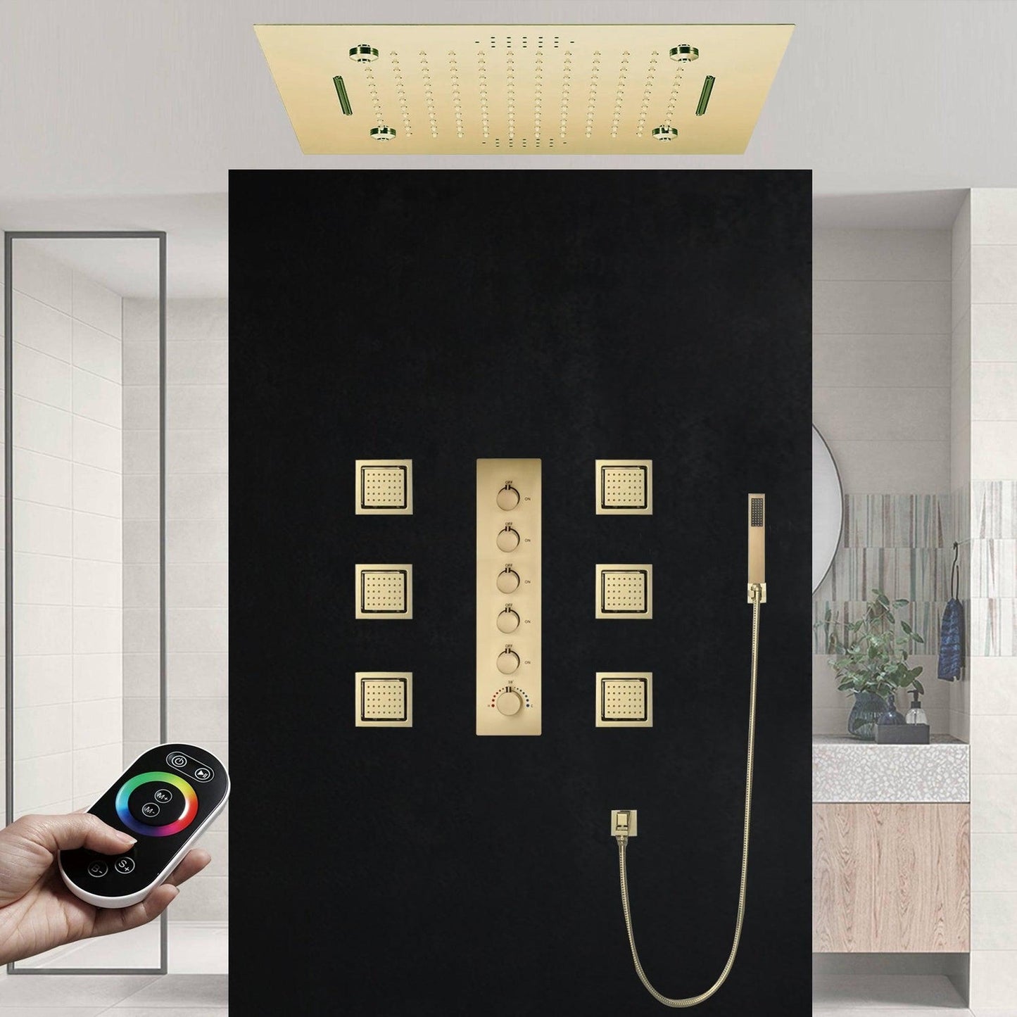 Fontana Caserta Brushed Gold Recessed Ceiling Mounted Phone Controlled Thermostatic LED Rainfall Waterfall Water Column Mist Shower System With Square Hand Shower and 6-Jet Body Sprays