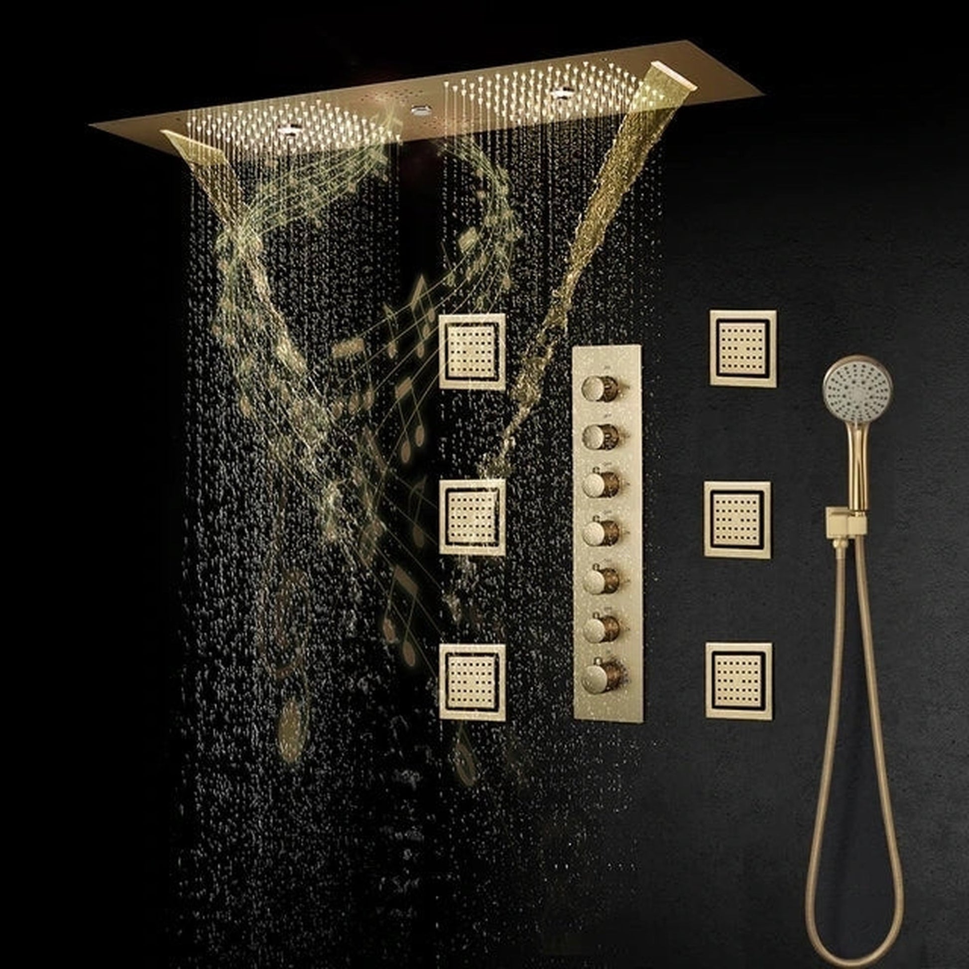 Fontana Caserta Brushed Gold Recessed Ceiling Mounted Phone Controlled Thermostatic LED Rainfall Waterfall Water Column Mist Shower System With Square Hand Shower and 6-Jet Body Sprays