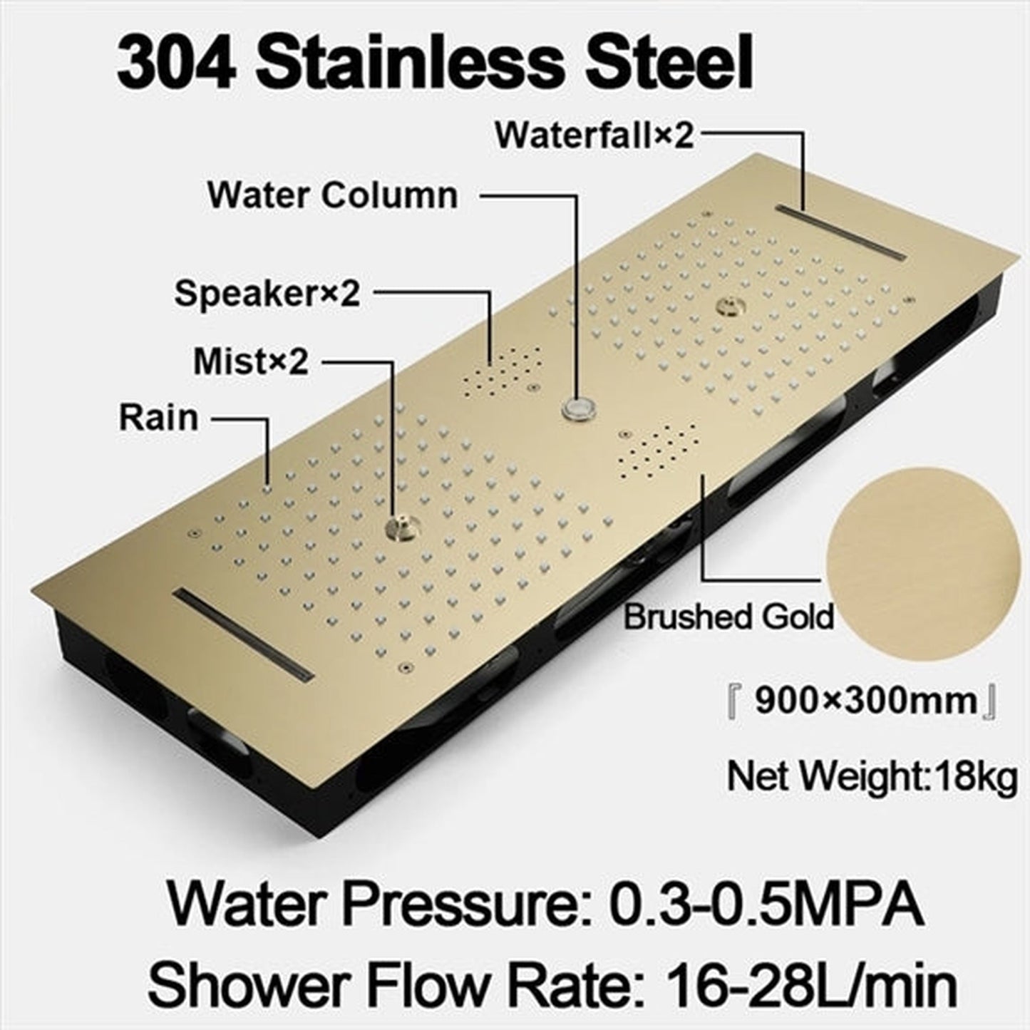 Fontana Caserta Brushed Gold Recessed Ceiling Mounted Phone Controlled Thermostatic LED Rainfall Waterfall Water Column Mist Shower System With Square Hand Shower and 6-Jet Body Sprays