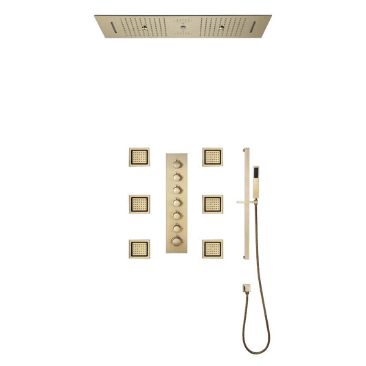 Fontana Catanzaro Brushed Gold Recessed Ceiling Mounted Remote Controlled Thermostatic LED Waterfall Rainfall Water Column Mist Shower System With Square Hand Shower and 6-Jet Body Sprays