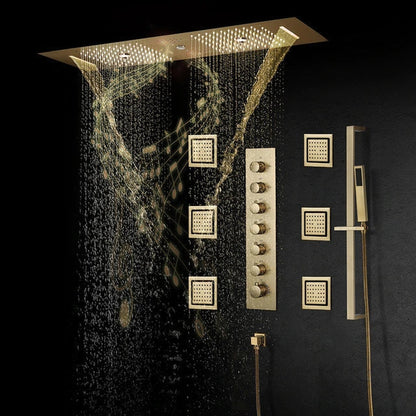 Fontana Catanzaro Brushed Gold Recessed Ceiling Mounted Remote Controlled Thermostatic LED Waterfall Rainfall Water Column Mist Shower System With Square Hand Shower and 6-Jet Body Sprays