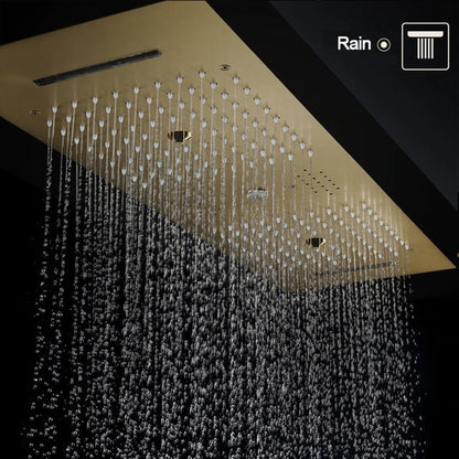 Fontana Catanzaro Brushed Gold Recessed Ceiling Mounted Remote Controlled Thermostatic LED Waterfall Rainfall Water Column Mist Shower System With Square Hand Shower and 6-Jet Body Sprays