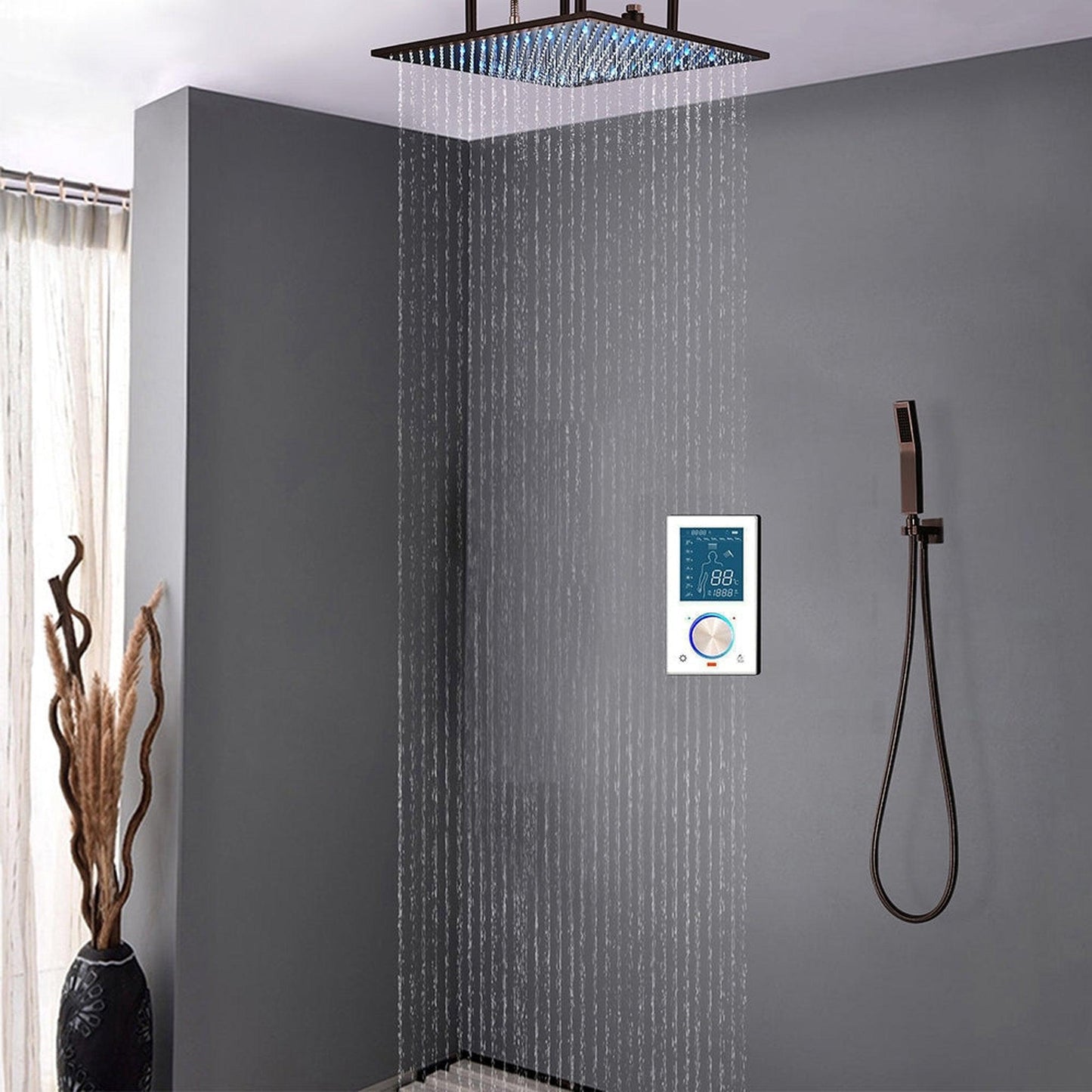 Fontana Creative Luxury Light Oil Rubbed Bronze Rectangular Ceiling Mounted Smart LED Widespread Shower Head Rainfall & Mist Shower System With 3-Way Digital Controller and Hand Shower