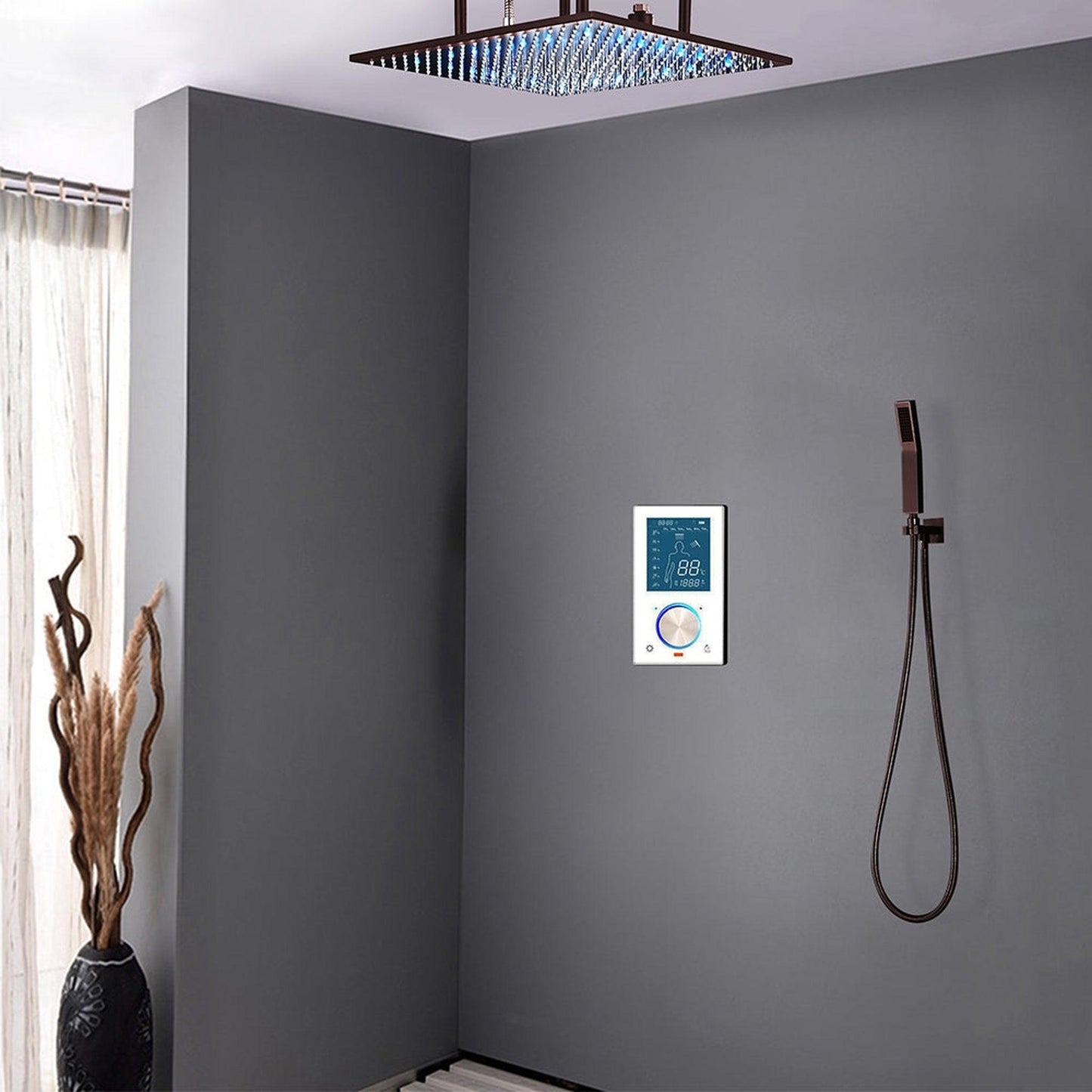 Fontana Creative Luxury Light Oil Rubbed Bronze Rectangular Ceiling Mounted Smart LED Widespread Shower Head Rainfall & Mist Shower System With 3-Way Digital Controller and Hand Shower