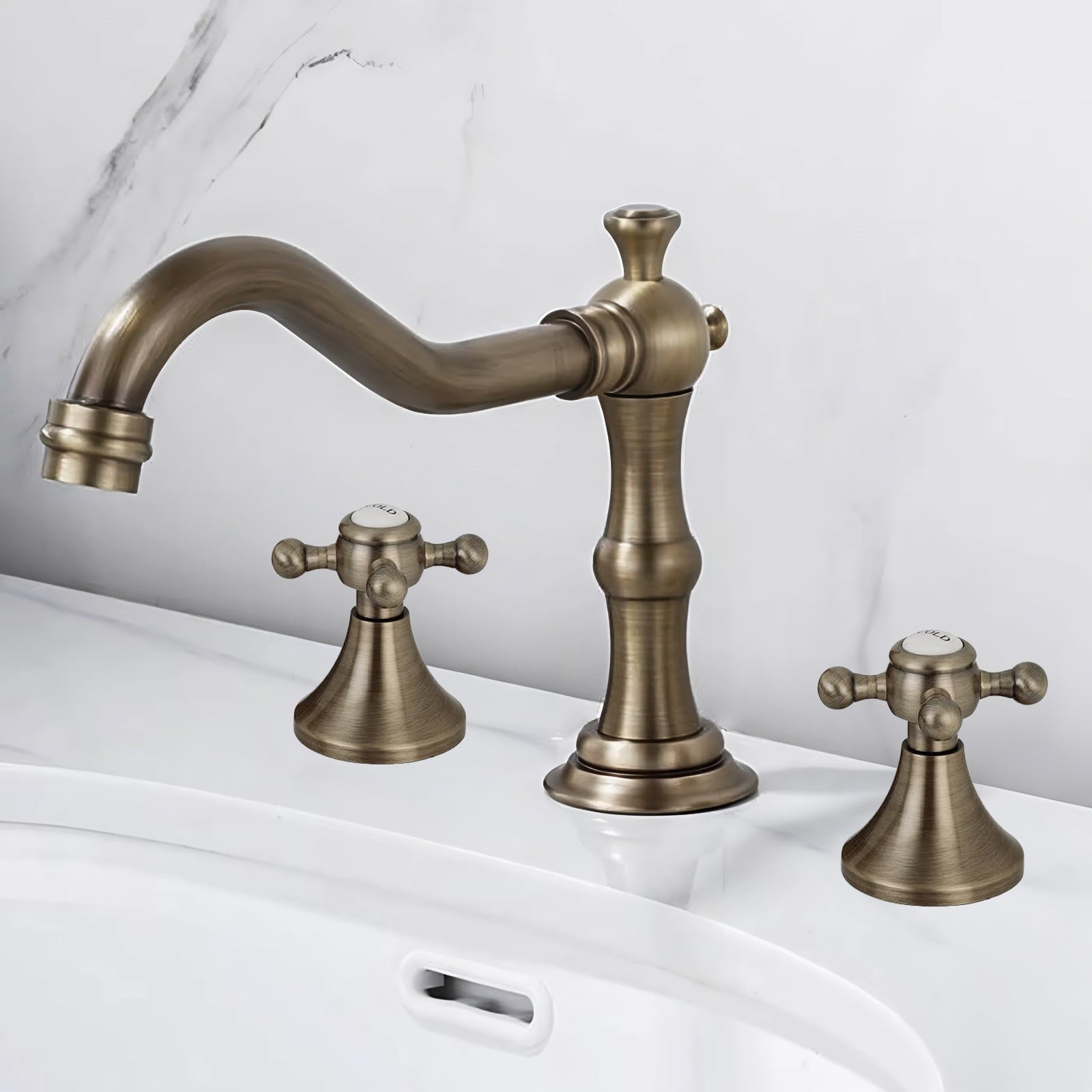 Fontana Ebony Wave Dual Handle Deck Mounted Antique Brass Widespread Faucet
