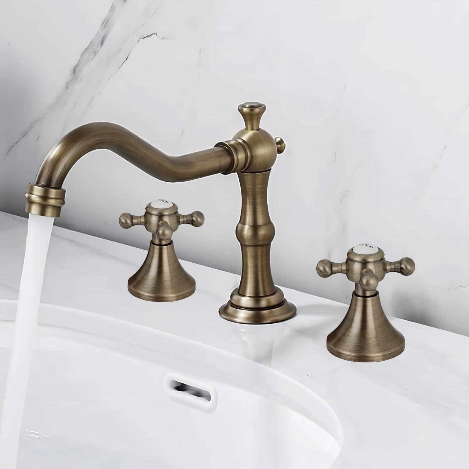 Fontana Ebony Wave Dual Handle Deck Mounted Antique Brass Widespread Faucet